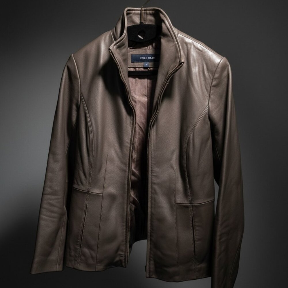 Cole Haan Women's Genuine Lambskin Leather Moto Jacket Taupe Brown Size S NWT